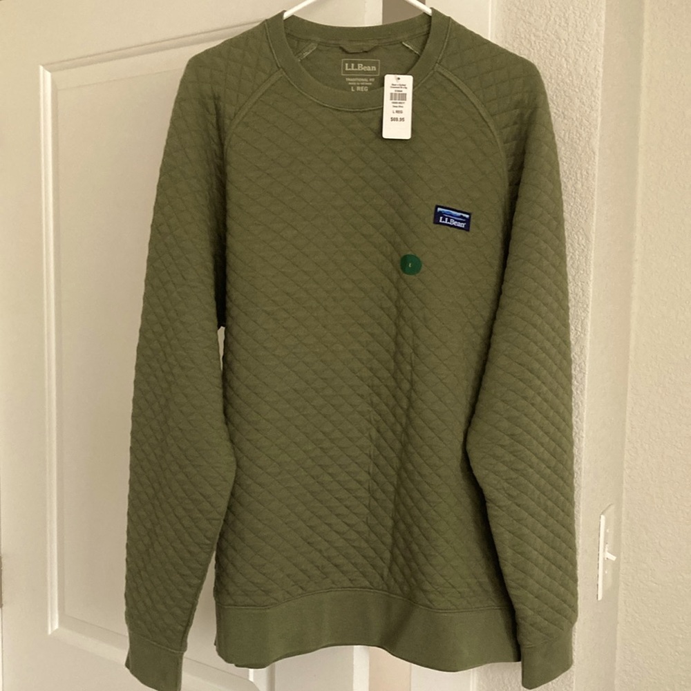 LL Bean Men’s Quilted Crew Neck Sweater - Size L, Deep Olive Color - *NWT*